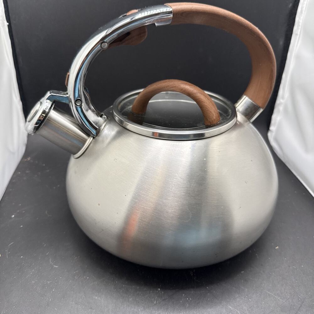 Brandani Stainless Steel Whistling Tea Kettle Wood Handle Induction Gas Stovetop